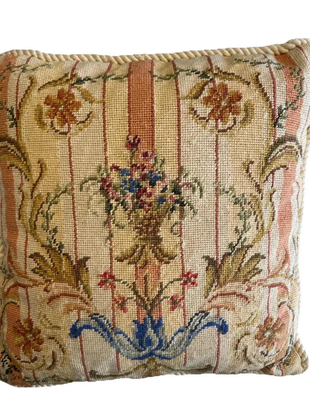 Decorative Floral Needlepoint Throw Pillow in Beige and Blue
